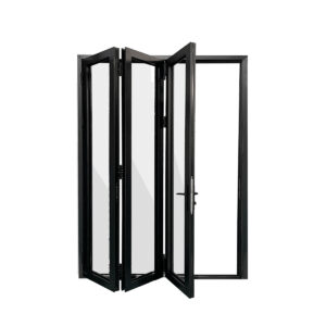 Black aluminum folding door set on marble floor, partially open