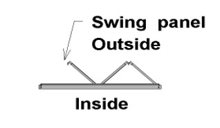 Simple line diagram showing folding door panels swinging outside from the interior