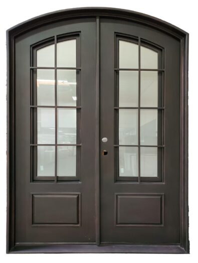 Black arched double door with glass panels and classic grid design