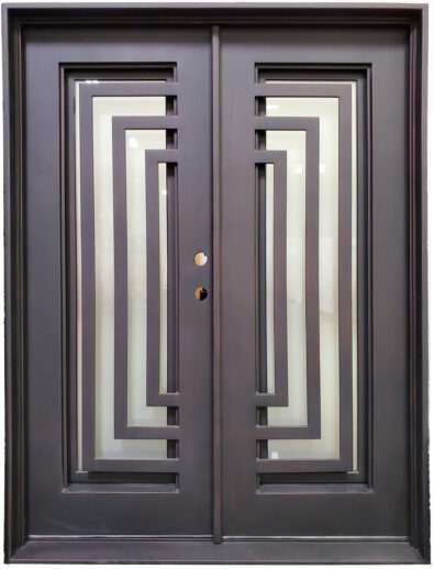 Modern dark double door with geometric glass panels and sleek design