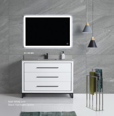 Contemporary bathroom vanity with grey top and black hardware