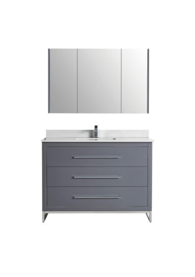 White drawer vanity with grey surface and modern black faucet