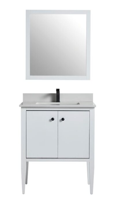 Bathroom vanity with grey quartz style top and integrated basin