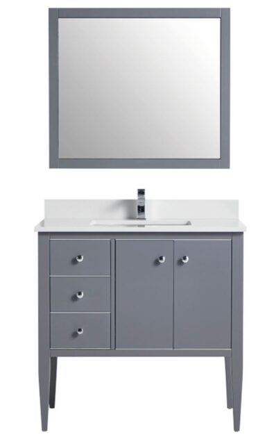 Minimalist bathroom sink unit with grey counter and wall mirror