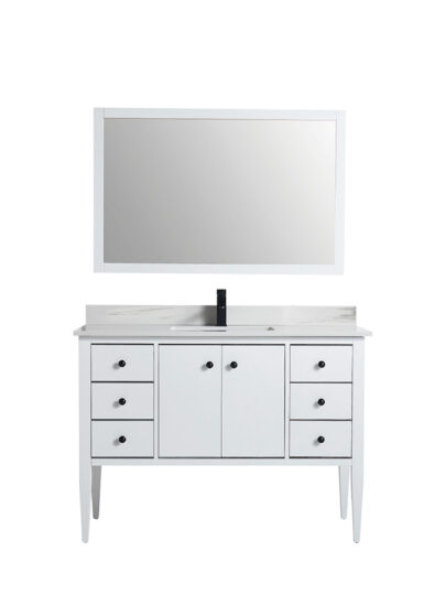 Grey vanity cabinet with open door revealing towel storage shelf