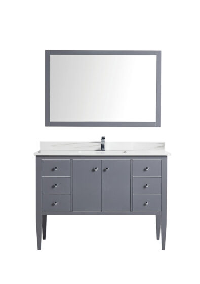 Rock grey bathroom vanity with marble top and chrome hardware