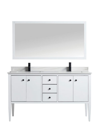 Grey vanity with marble countertop and neatly organized storage