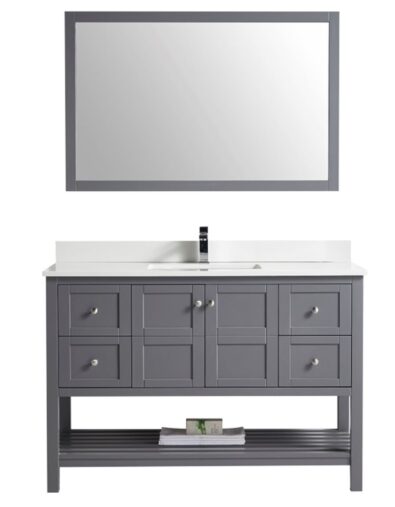 Rock grey vanity with marble top and chrome hardware
