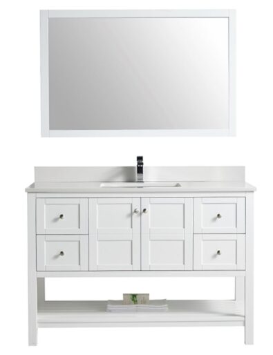 Double basin grey vanity with open lower shelf and decorative ladder rack