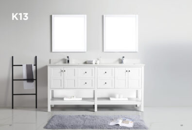 Modern bathroom with long grey double vanity and twin framed mirrors