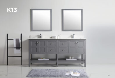 Grey double sink vanity with twin mirrors, ladder towel rack and rug