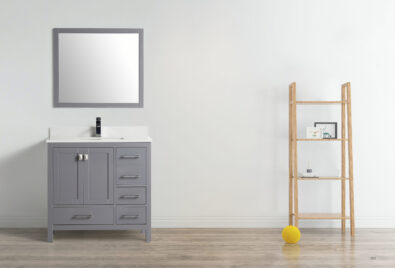 Contemporary grey shaker-style double vanity with open base shelf