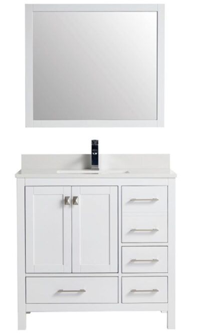 Light bathroom featuring grey double vanity, twin mirrors and soft rug