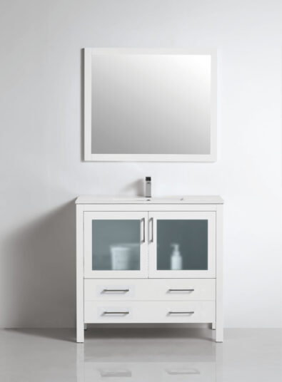 Single grey sink vanity with framed mirror in minimalist bathroom