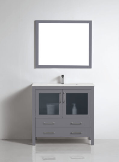 Minimalist bathroom with twin mirrors above grey storage vanity unit