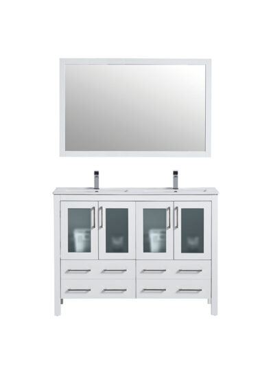 Compact grey vanity unit with storage drawers and matching mirror