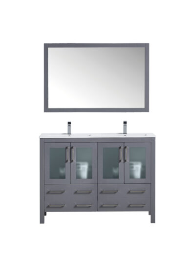 Modern single basin vanity with grey cabinet and soft floor rug