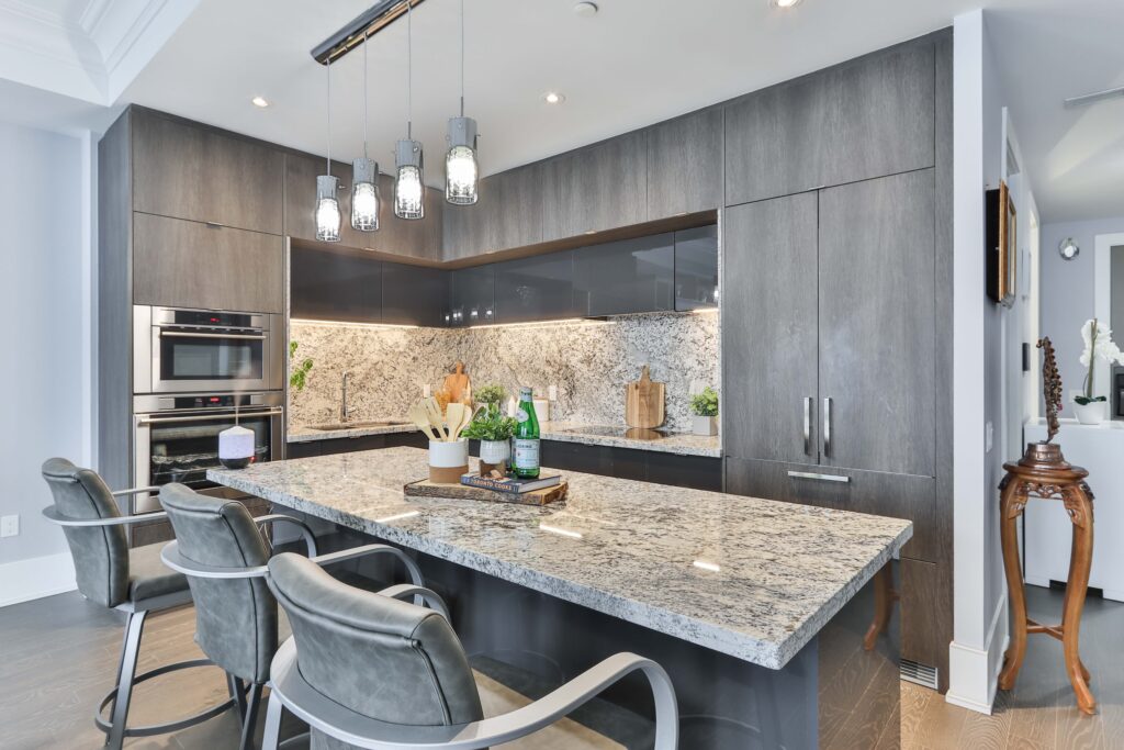 Bright kitchen with wooden dining table and chairs