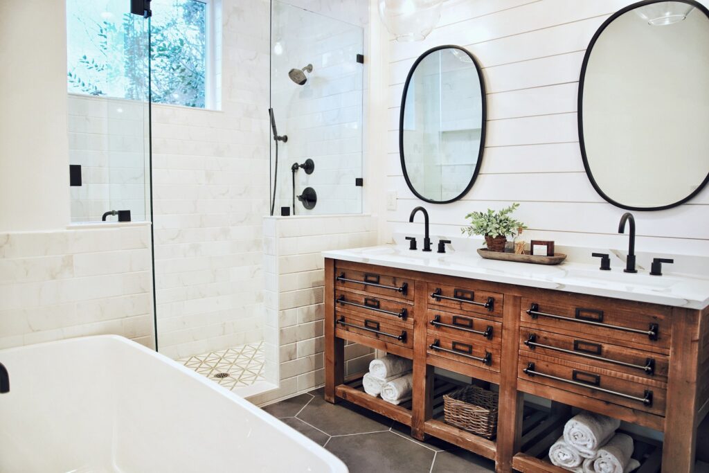 Luxury bathroom with white marble walls and vessel sink