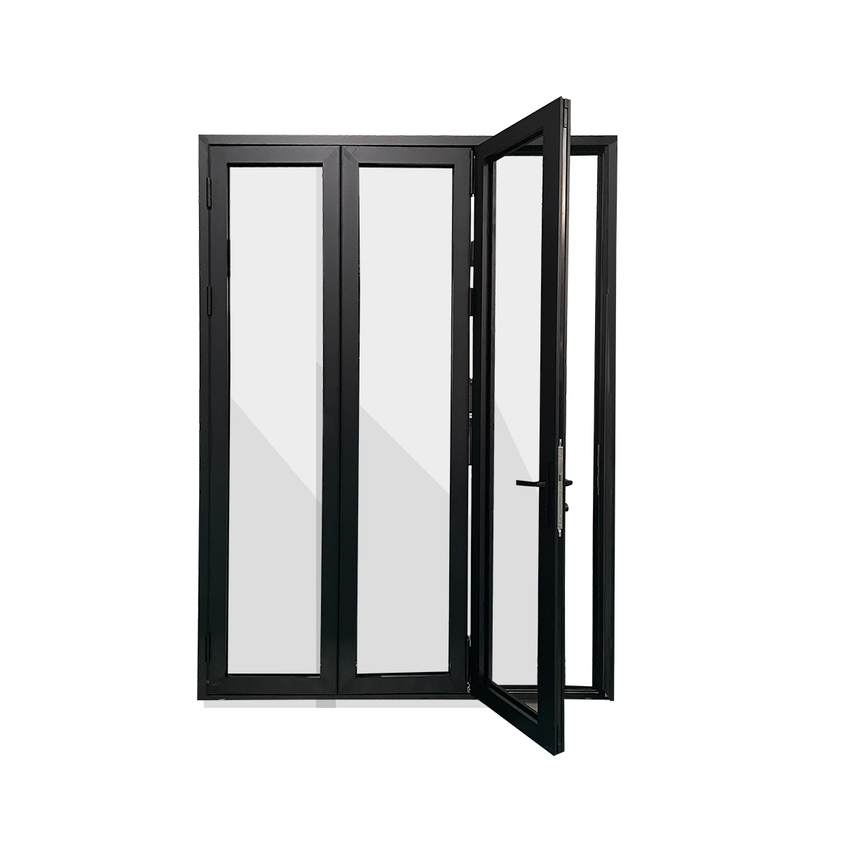 Three-panel aluminum folding patio door stacked to one side