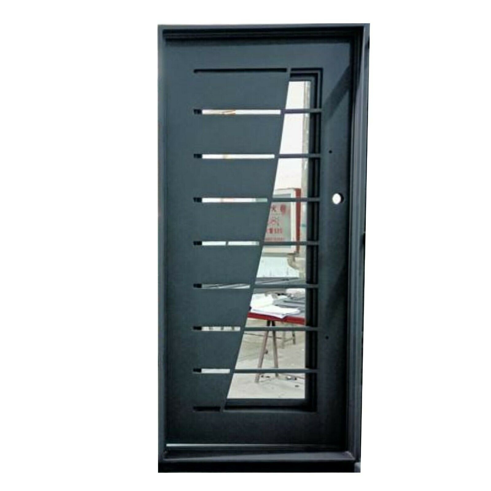 Modern double iron front door in dark finish with slim vertical glass panels.