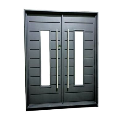 Contemporary iron entrance door featuring multiple horizontal glass inserts.