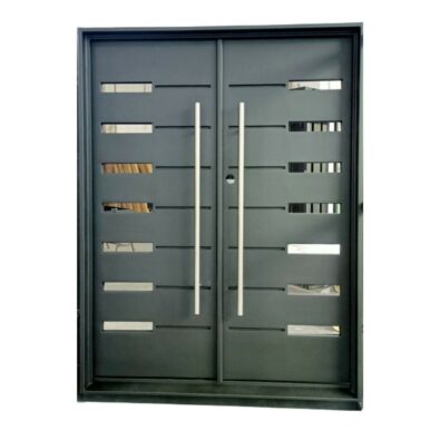 Single dark iron front door with three wide clear glass bands.