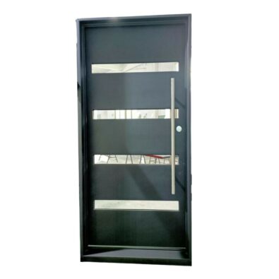 Slim modern iron door with staggered narrow glass slots in a matte finish.