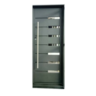Dark iron exterior door with full-height pull handle and decorative glass strips.