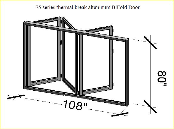 Line drawing of a three‑panel 108‑inch folding door frame with measurements