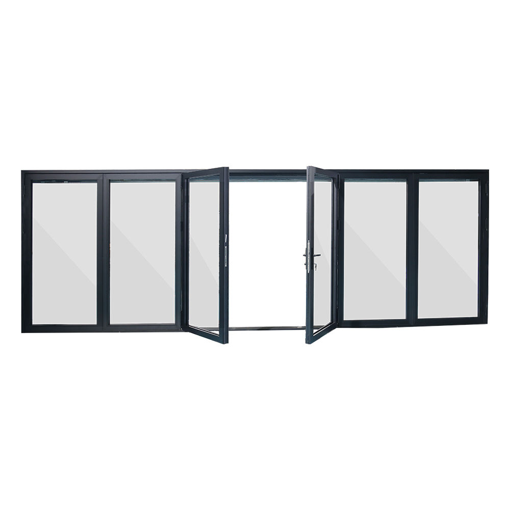 Multi panel aluminum bifold window spanning full width