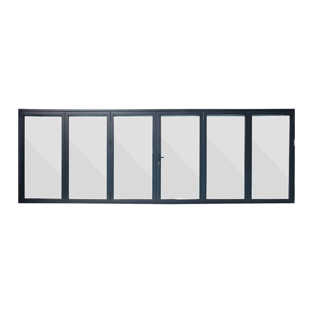 Black six-panel folding glass wall system closed