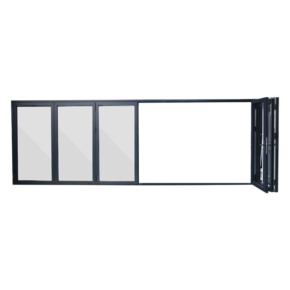 Five-panel aluminum folding patio door stacked to one side