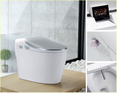 White smart toilet with silver lid, LED side control knob, digital display and stainless‑steel bidet nozzle in a modern bathroom setting