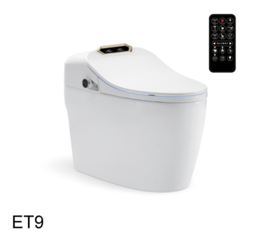 White smart toilet displayed with a small wireless remote control on the side