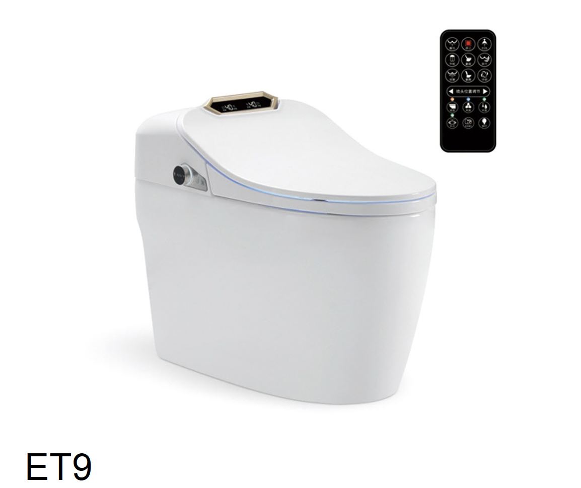 White smart toilet displayed with a small wireless remote control on the side