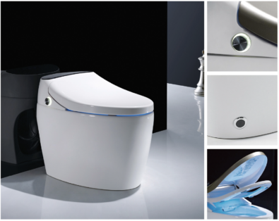 Curved white smart toilet set against a wall with built‑in bidet features