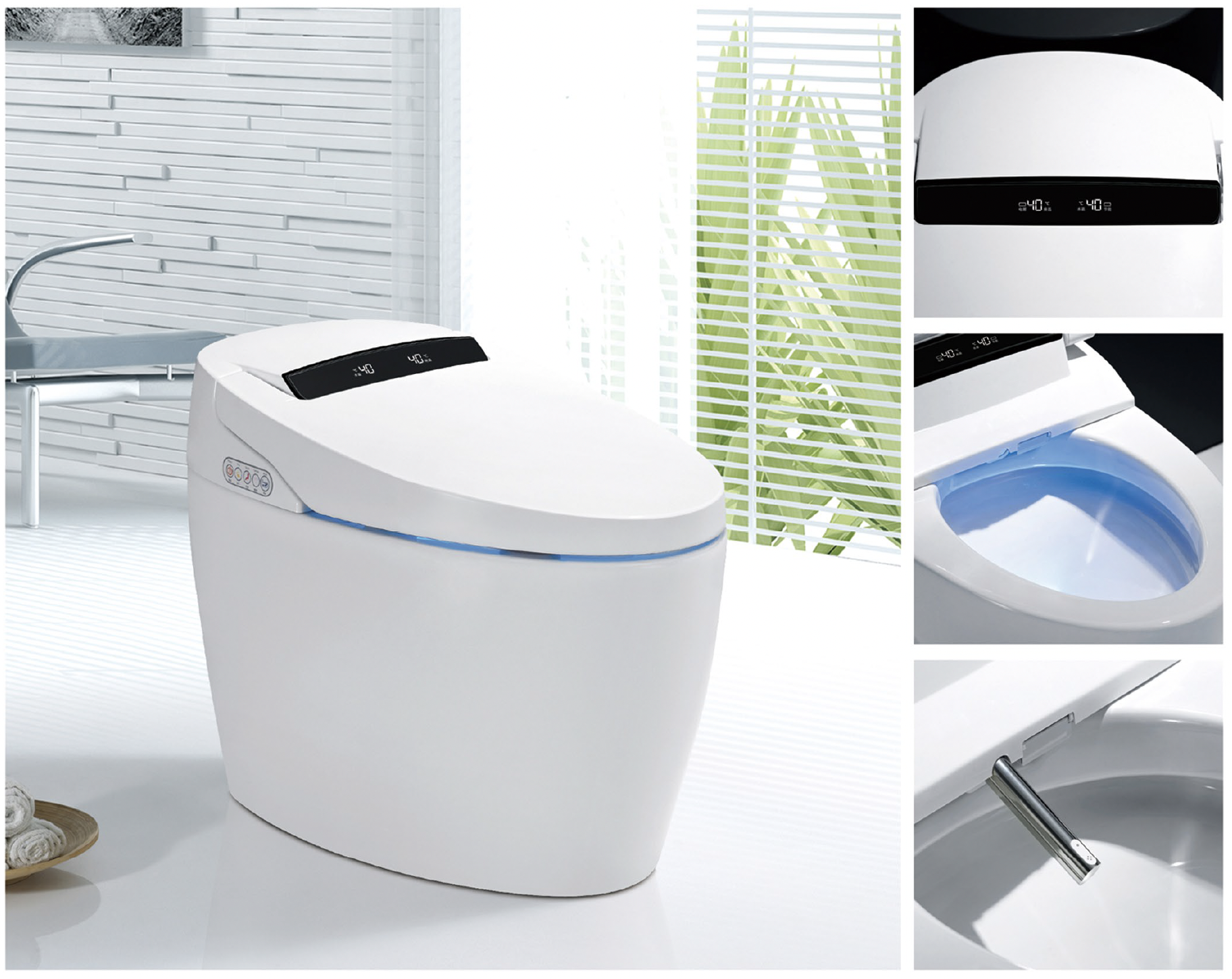 Sleek white one‑piece smart toilet with soft‑close lid in a bright bathroom corner