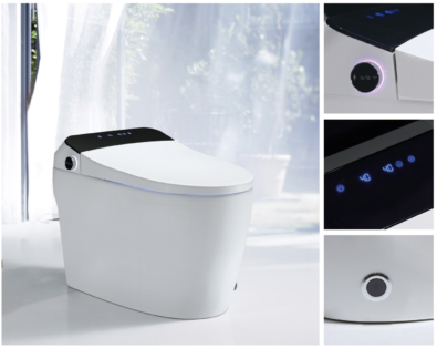 Modern compact smart toilet with slim tank and side control in a minimalist bathroom