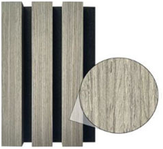 Light wood slat panel sample with black backing