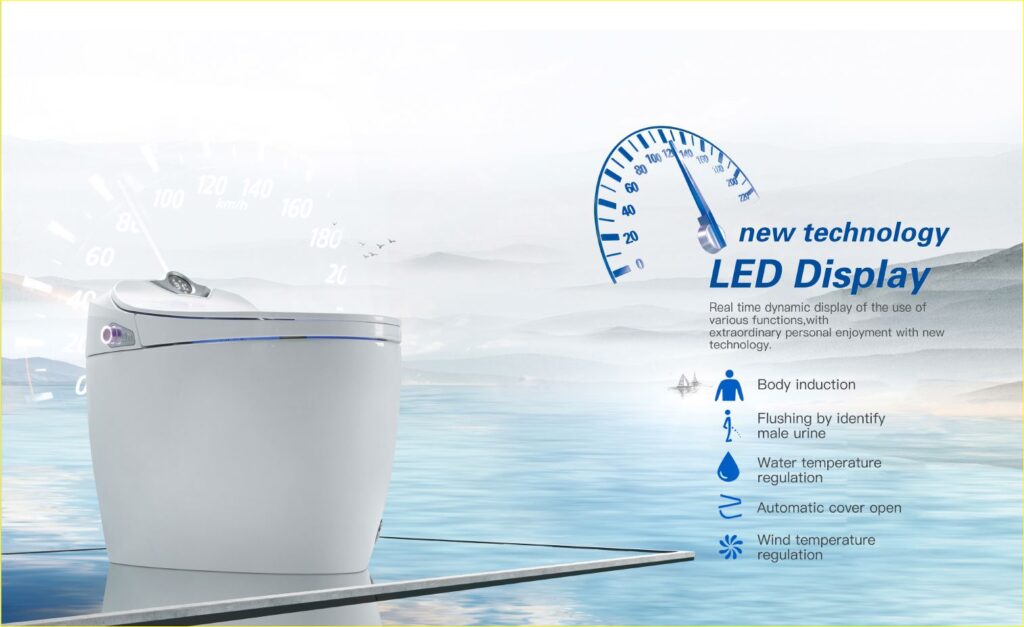 Close-up of a smart toilet with digital touch controls and modern design