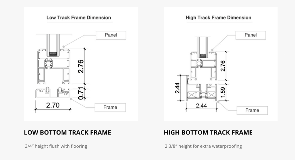 Architectural technical drawings showing sliding door track frame dimensions and components