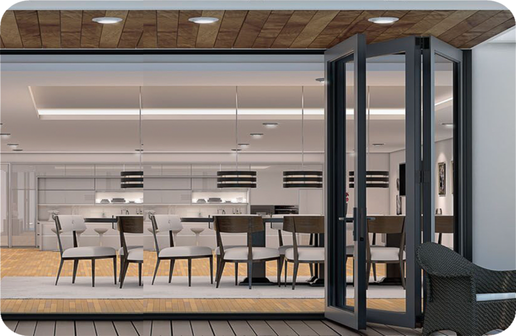 Modern office conference room enclosed with floor-to-ceiling sliding glass wall system and black aluminum frames