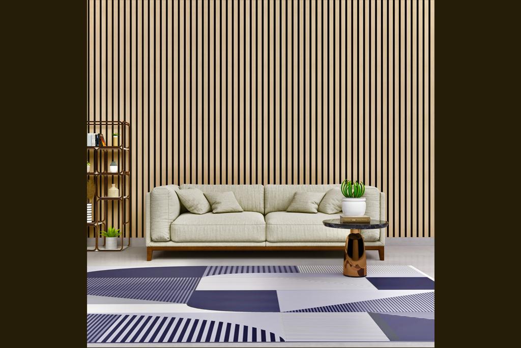Lobby with vertical wood slats, grey stone walls, and modern seating area