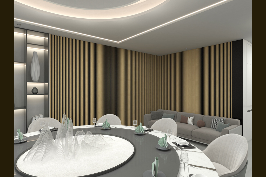 Luxury lobby interior showcasing wood panels, terrazzo floors, and a sleek reception counter