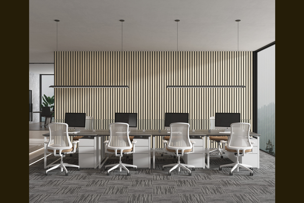 Lobby with wooden vertical slats, modern seating, and grey textured walls