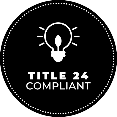 Black circular badge icon stating Title 24 compliant energy-efficient glass doors