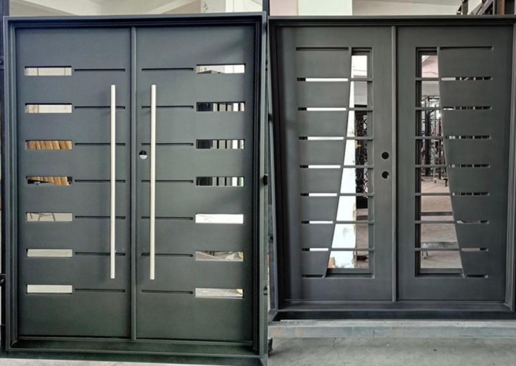 Modern black double steel front doors with horizontal cut-outs and tall stainless steel handles.