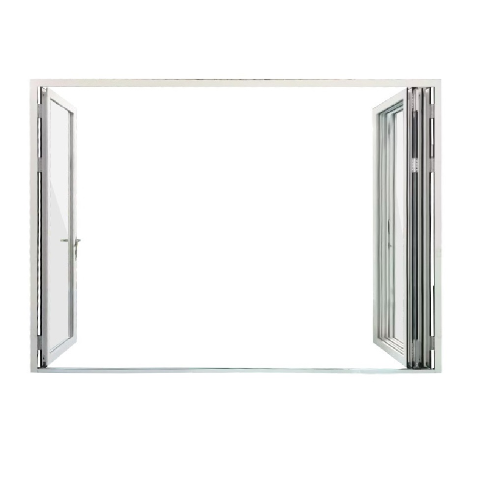 Four-panel folding glass door system with slim white aluminium frame