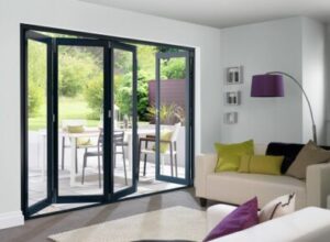 Slim‑frame black uPVC bifold door with open and folded leaves